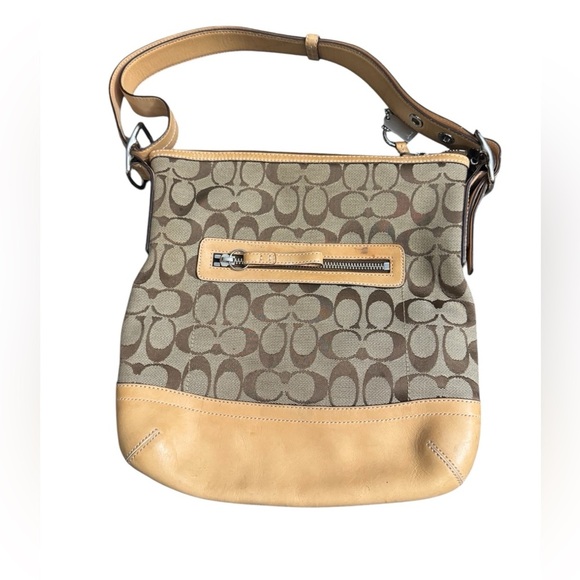 Coach Signature Shoulder Bag Tan And Brown Canvas - Picture 1 of 10